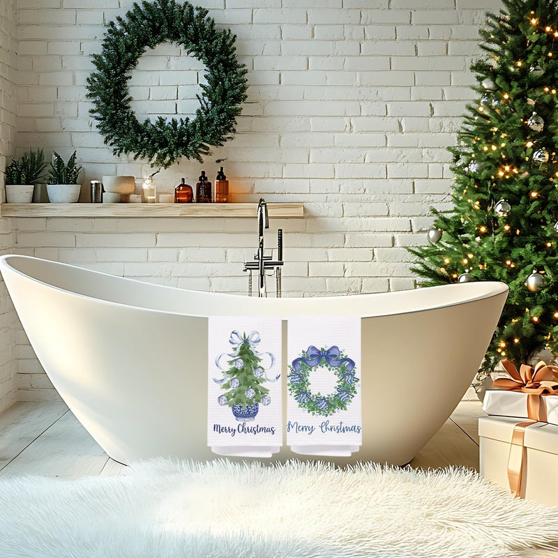 SPBL&L Chinoiserie Christmas Kitchen Towels,Set of 2 Blue Bow Coquette Christmas Tree Dish Towels for Kitchen Bathroom, Blue Christmas Hand Towels for Bathroom Kitchen, Grandmillennial Decor,16x24 Inches - Image 3